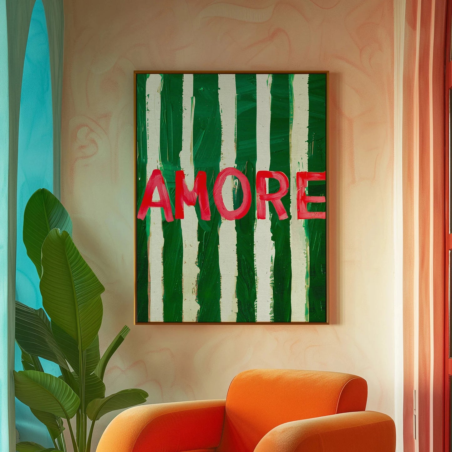 Amore Green Striped Canvas Printing Vino Wine Wall Art Poster Modern Living Room Bedroom Kitchen Home Decor