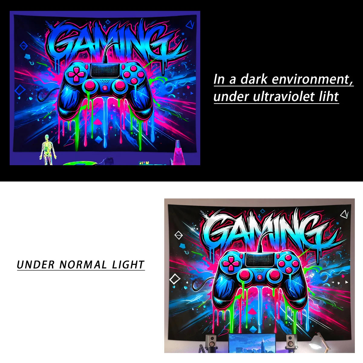 Game controller fluorescent tapestry, UV reactive tapestry, e-sports room, wall hanging