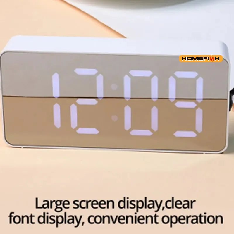 White LED Mirror Table Clock Snooze Display Time Night Light Desktop USB Alarm Clock Home Decor