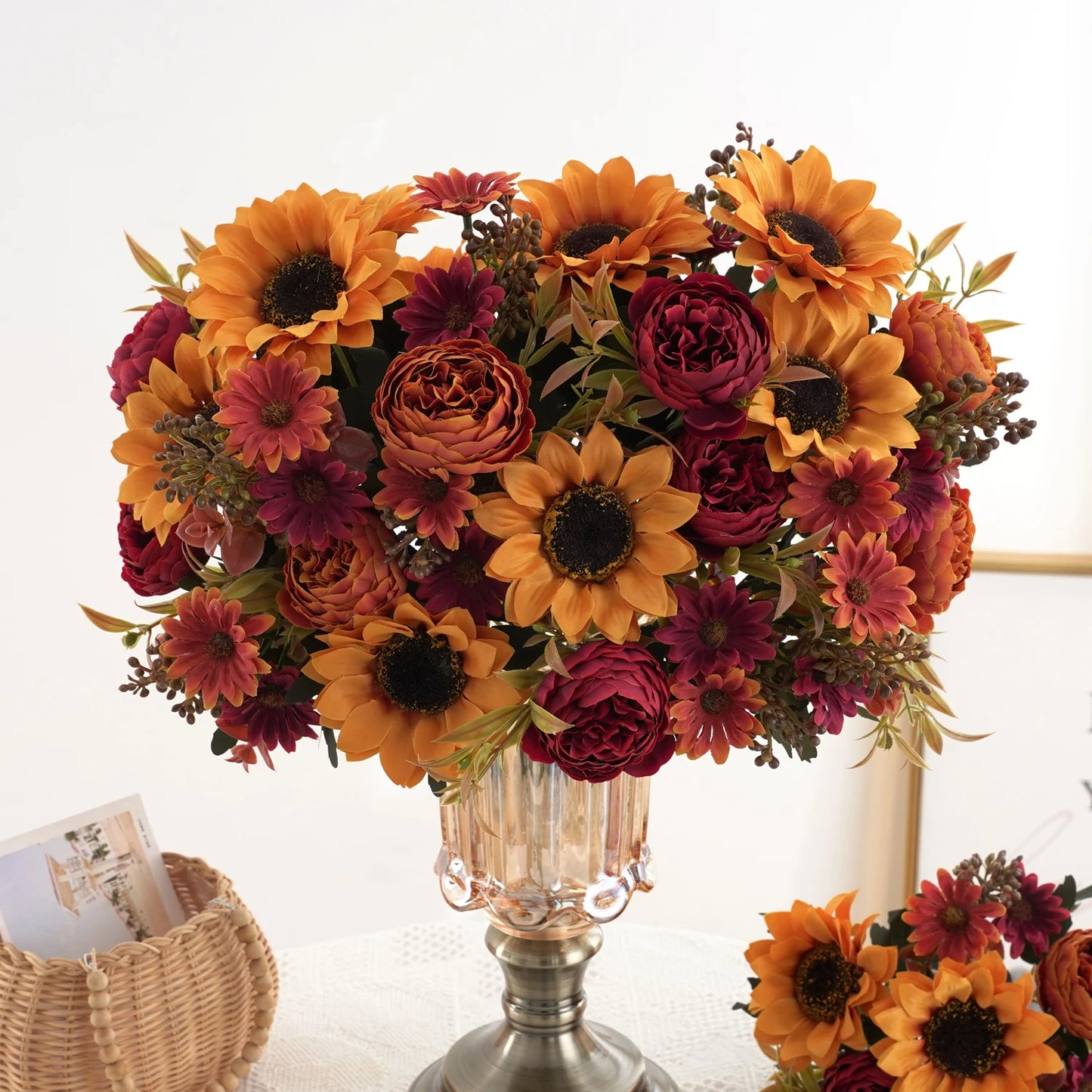 Sunflowers peony Artificial Flowers  Fall Summer Decor, Fake Fall Flowers Silk Faux Sunflower Bouquet