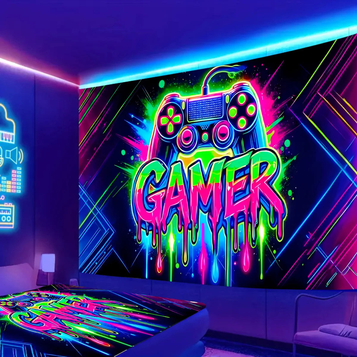 Game controller fluorescent tapestry, UV reactive tapestry, e-sports room, wall hanging