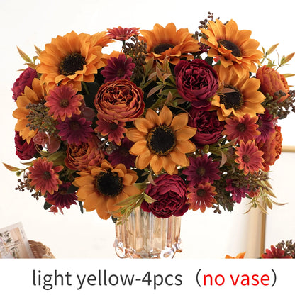 Sunflowers peony Artificial Flowers  Fall Summer Decor, Fake Fall Flowers Silk Faux Sunflower Bouquet
