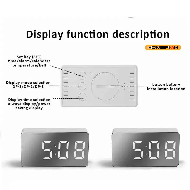 White LED Mirror Table Clock Snooze Display Time Night Light Desktop USB Alarm Clock Home Decor