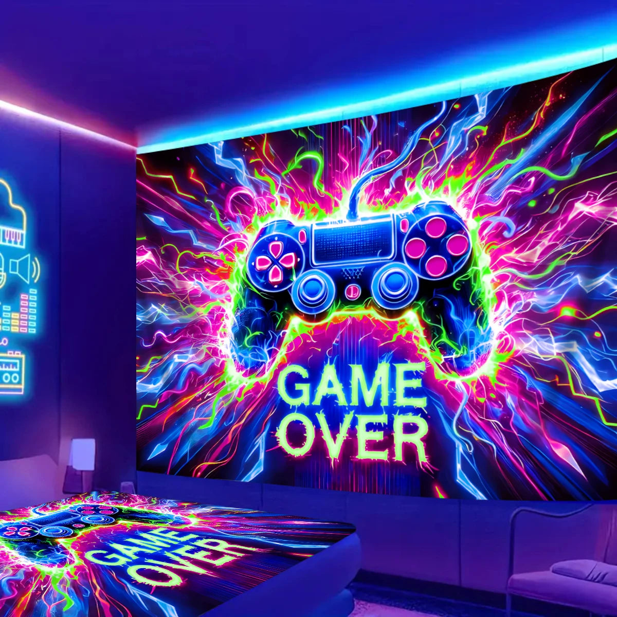 Game controller fluorescent tapestry, UV reactive tapestry, e-sports room, wall hanging
