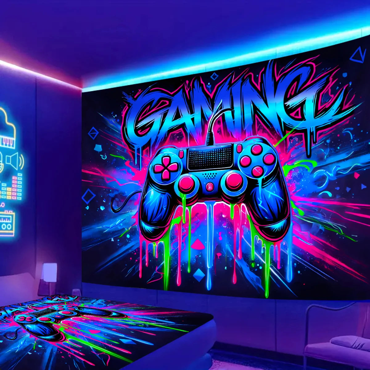 Game controller fluorescent tapestry, UV reactive tapestry, e-sports room, wall hanging