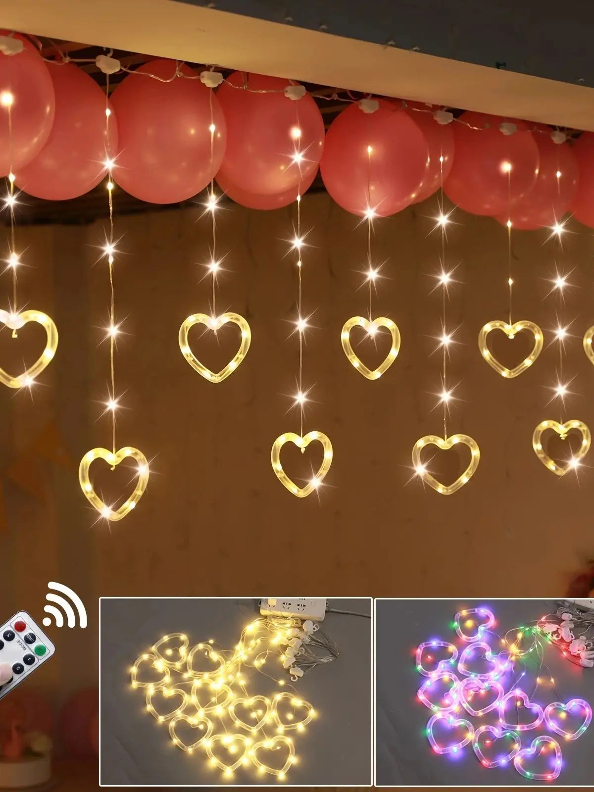 Window Curtain Lights, LED Soft Bright Heart Shaped String Lights with 8 Flashing Modes, Battery or USB Operated, for Wedding