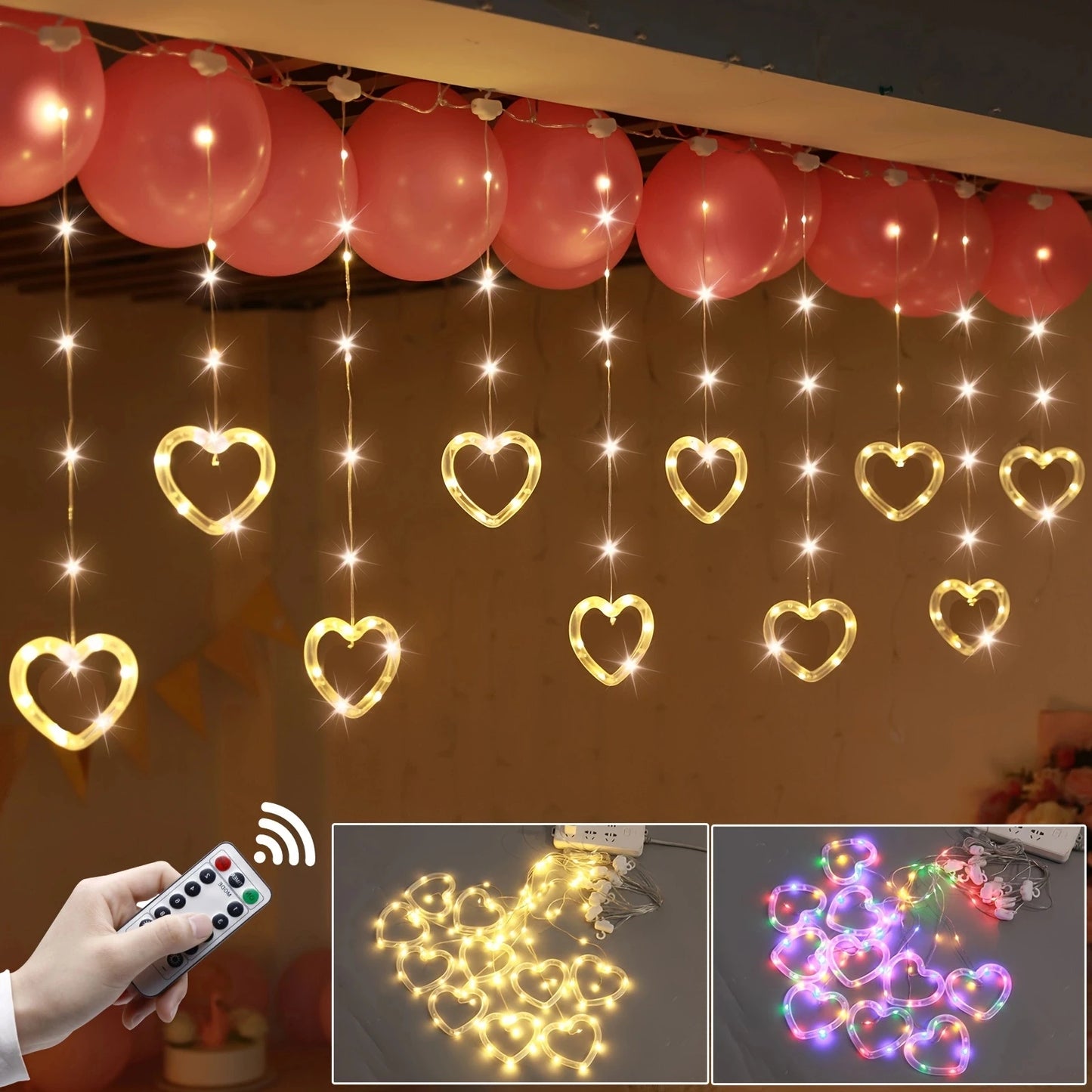 Window Curtain Lights, LED Soft Bright Heart Shaped String Lights with 8 Flashing Modes, Battery or USB Operated, for Wedding