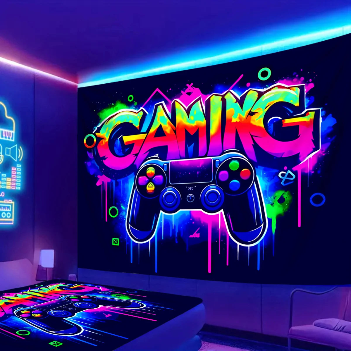 Game controller fluorescent tapestry, UV reactive tapestry, e-sports room, wall hanging