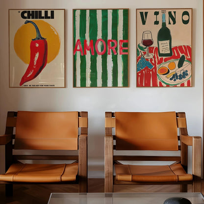 Amore Green Striped Canvas Printing Vino Wine Wall Art Poster Modern Living Room Bedroom Kitchen Home Decor