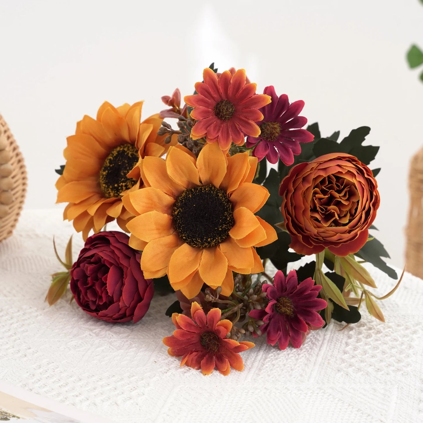 Sunflowers peony Artificial Flowers  Fall Summer Decor, Fake Fall Flowers Silk Faux Sunflower Bouquet